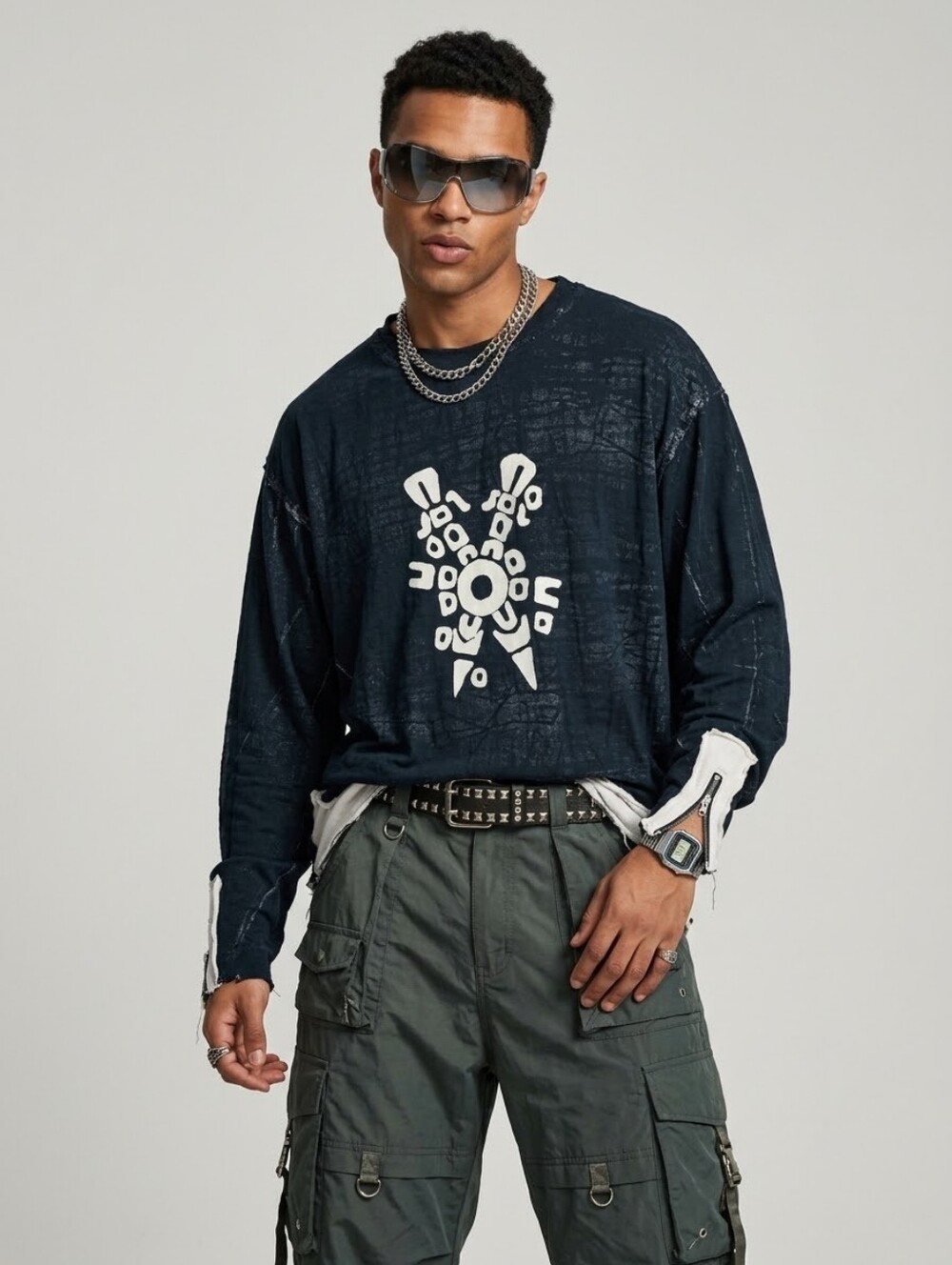 Report Collection Men's Black Graphic Long-Sleeve Sweater Y2K